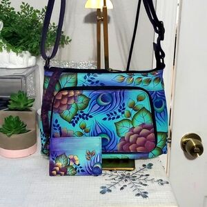 Anuschka Hand Painted Crossbody Bag and Cardholder Set